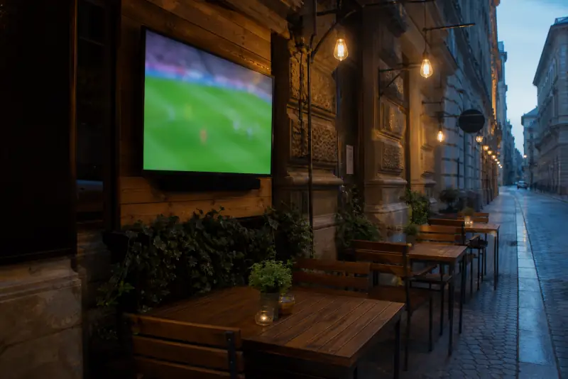 Utcai sportbár terasz kivetítővel, vendégek nélkül